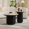 Aura 2 Piece Set Ash Wood Slatted Round Coffee Table with Sintered Stone Top (20" - 28") – Black