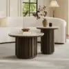 Aura 2 Piece Set Ash Wood Slatted Round Coffee Table with Sintered Stone Top (20" - 28") – Smoked Brown