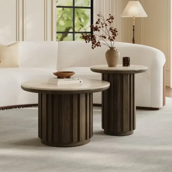 Aura 2 Piece Set Ash Wood Slatted Round Coffee Table with Sintered Stone Top (20" - 28") – Smoked Brown