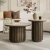 Aura 2 Piece Set Ash Wood Slatted Round Coffee Table with Sintered Stone Top (20" - 28") – Smoked Brown