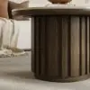 Aura 2 Piece Set Ash Wood Slatted Round Coffee Table with Sintered Stone Top (20" - 28") – Smoked Brown