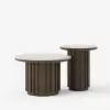 Aura 2 Piece Set Ash Wood Slatted Round Coffee Table with Sintered Stone Top (20" - 28") – Smoked Brown