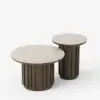 Aura 2 Piece Set Ash Wood Slatted Round Coffee Table with Sintered Stone Top (20" - 28") – Smoked Brown