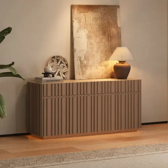 Aura 65" Ash Wood Slatted Natural TV Stand with Sintered Stone Top