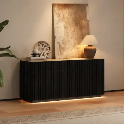 Picture of Aura 65" Ash Wood Slatted Black TV Stand with Sintered Stone Top