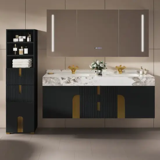 Artis 149cm Tall Bathroom Storage Cabinet & 152cm Wall-Mounted Double Vanity Set – Black