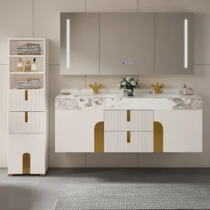 Picture of Artis 149cm Tall Bathroom Storage Cabinet & 152cm Wall-Mounted Double Vanity Set – White