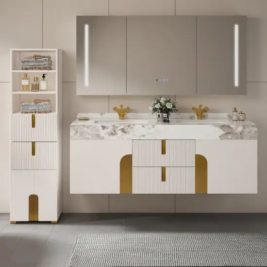 Artis 149cm Tall Bathroom Storage Cabinet & 152cm Wall-Mounted Double Vanity Set – White