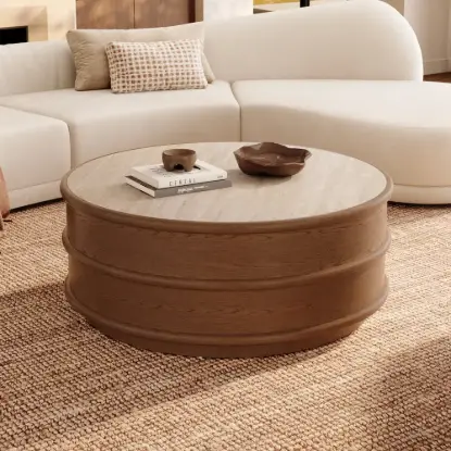Picture of 36-inch Ash Wood Round Coffee Table with Sintered Stone Top