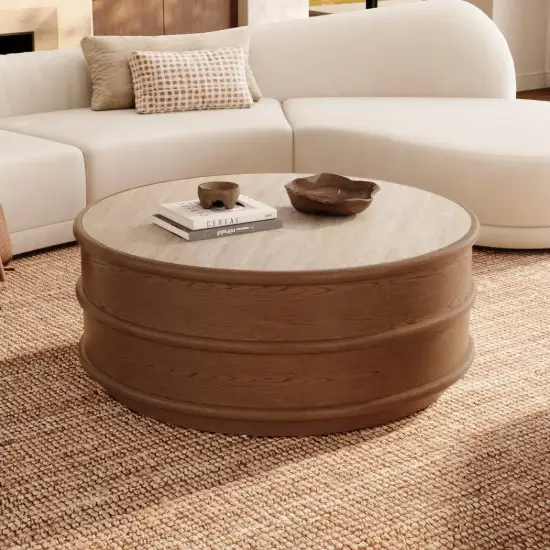 36-inch Ash Wood Round Coffee Table with Sintered Stone Top