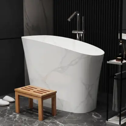 47" Japanese-style irregular freestanding stone resin soaking bathtub, marble effect
