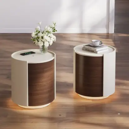 Picture of Saddle Leather 2-Drawer Nightstand with Charging Station, Set of 2