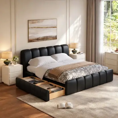Picture of Humply Queen Black Faux Leather Storage Bed with Drawers