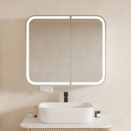Picture of 31" LED Bathroom Mirror Cabinet with Defogger, 3-Color Light, Tissue Slot