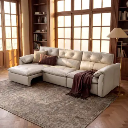 Picture of 126" 3-Seater Genuine Leather Power Convertible Sleeper Sofa with Adjustable Headrests