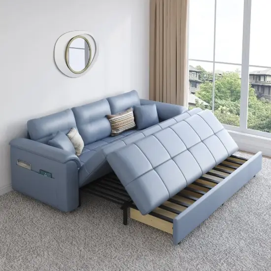 233cm King Faux Leather Pull-out Sleeper Sofa with Storage and Side Pockets – AUD-H3224