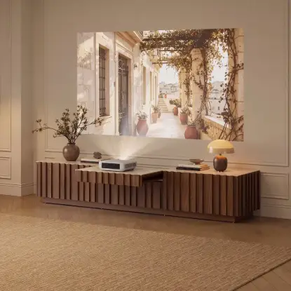 Picture of Aura 80" Ash Wood Fluted Walnut Projector TV Stand with Sintered Stone Top