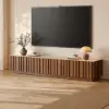 Aura 80" Ash Wood Fluted Walnut Projector TV Stand with Sintered Stone Top