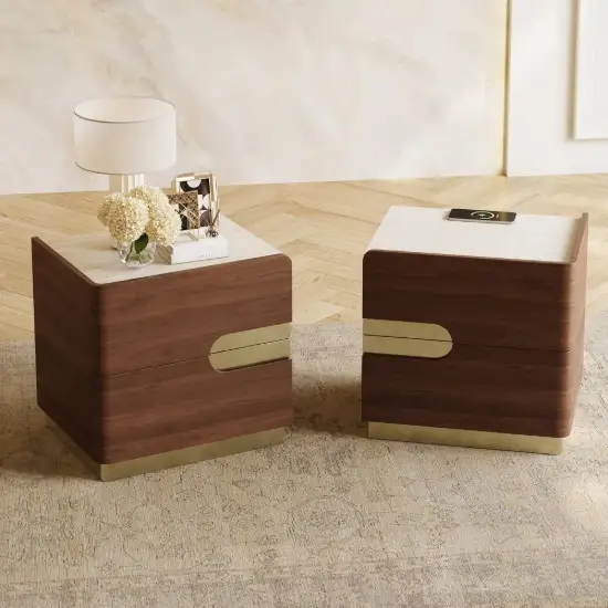 Horva 2-Drawer Walnut Nightstand with Charging Station & Sintered Stone Top, Set of 2