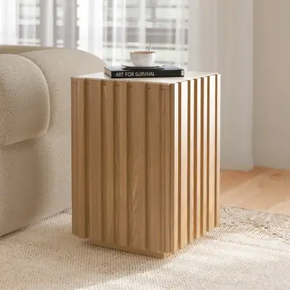 Aura Ash Wood Fluted Natural Side Table with Sintered Stone Top