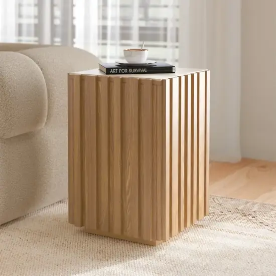 Aura Ash Wood Fluted Natural Side Table with Sintered Stone Top