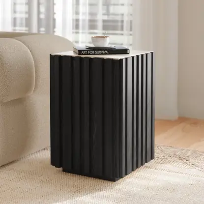 Aura Ash Wood Fluted Black Side Table with Sintered Stone Top