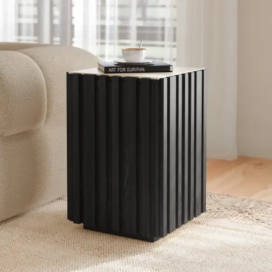 Aura Ash Wood Fluted Black Side Table with Sintered Stone Top