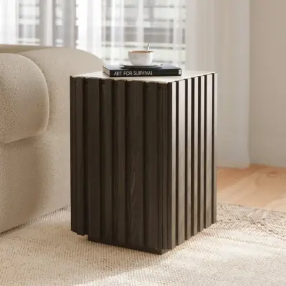 Aura Ash Wood Fluted Side Table with Sintered Stone Top