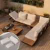 Tevara 7-Piece Outdoor Teak & Aluminium Modular Sofa Set for 6 in Sand with Ivory Cover