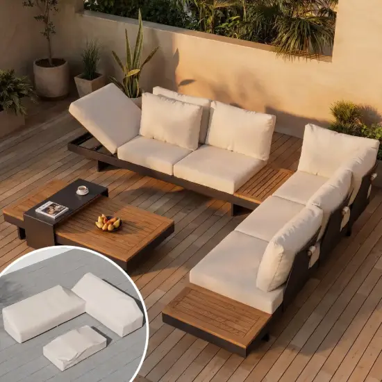 Tevara 7-Piece Outdoor Teak & Aluminium Modular Sofa Set for 6 in Sand with Ivory Cover