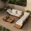 Tevara 7-Piece Outdoor Teak & Aluminium Modular Sofa Set for 6 in Sand with Ivory Cover