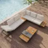 Tevara 7-Piece Outdoor Teak & Aluminium Modular Sofa Set for 6 in Sand with Ivory Cover