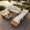 Tevara 7-Piece Outdoor Teak & Aluminium Modular Sofa Set for 6 in Sand with Ivory Cover