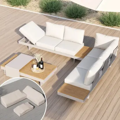Picture of Tevara 7-Piece Outdoor Teak & Aluminium Modular Sofa Set for 6 with Ivory Cover