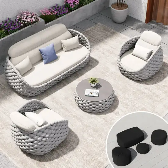 Cocaro 8-Piece Outdoor Rope Weave Swivel Sofa Set with Cover – Light Grey – AUD-H3236