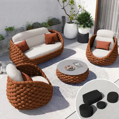 Cocaro 8-Piece Outdoor Rope Weave Swivel Sofa Set with Cover – Orange – AUD-H3239