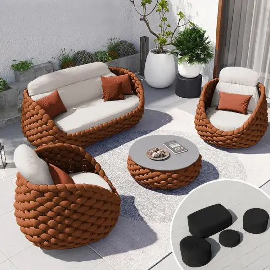 Cocaro 8-Piece Outdoor Rope Weave Swivel Sofa Set with Cover – Orange – AUD-H3239