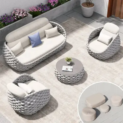 Cocaro 8-Piece Outdoor Rope Weave Swivel Sofa Set with Cover – Light Grey – AUD-H3241