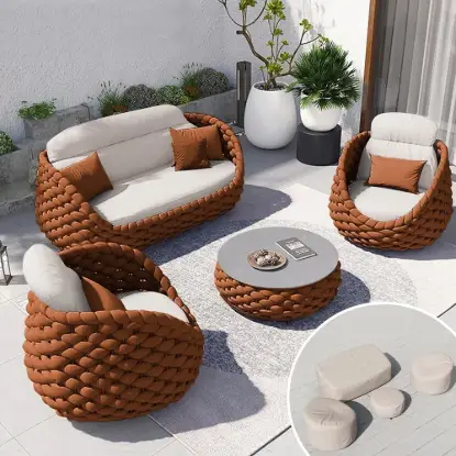 Cocaro 8-Piece Outdoor Rope Weave Swivel Sofa Set with Cover – Orange – AUD-H3242