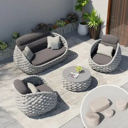 Cocaro 8-Piece Outdoor Rope Weave Swivel Sofa Set with Cover – Light Grey – AUD-H3244