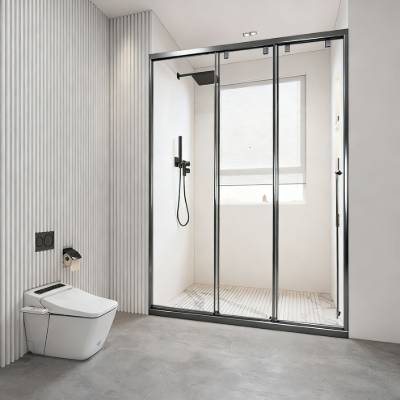 Narrow Frame Stainless Steel Triple Sliding Shower Screen, 1 Fixed 2 Sliding Glass Panels
