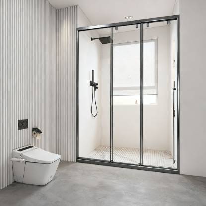 Picture of Narrow Frame Stainless Steel Triple Sliding Shower Screen, 1 Fixed 2 Sliding Glass Panels