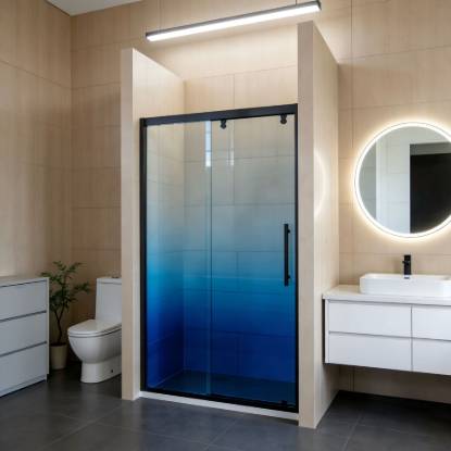 Picture of Reinforced Stainless Steel Inline Sliding Shower Enclosure, Art Glass, Complete Hardware