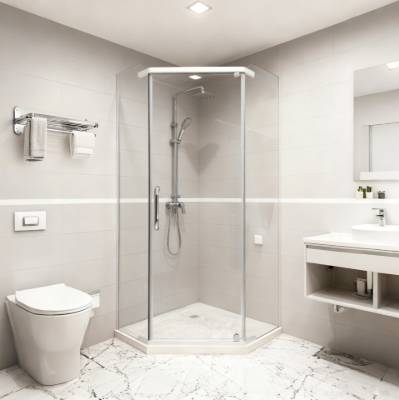 Frameless Toughened Glass Triangular Shower Enclosure with Stainless Steel Pivot Hinges