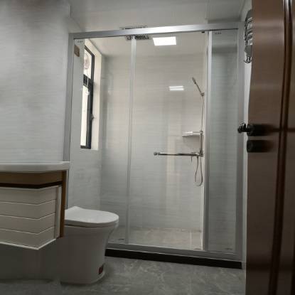 Picture of Custom Film Coated Toughened Glass Sliding Shower Screen, Silver Aluminium, Quiet Rollers