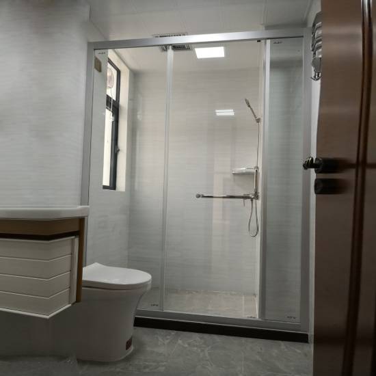 Picture of Custom Film Coated Toughened Glass Sliding Shower Screen, Silver Aluminium, Quiet Rollers