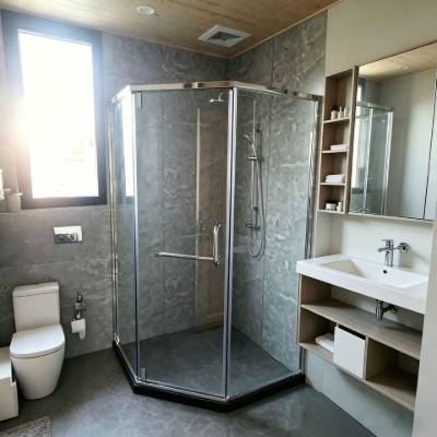 Gloss Black Stainless Steel Pivot Hinge Neo-Angle Shower Enclosure, Toughened Glass