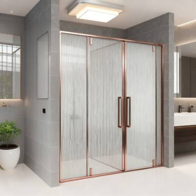 Custom Square Pivot Door Shower Enclosure, Precision Cast Stainless Steel, Art Glass