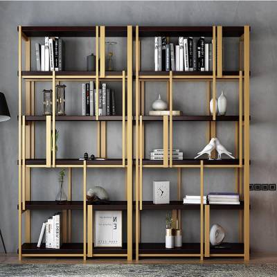 Modern Gold Stainless Steel Floor Bookshelf and Display Cabinet with Solid Wood Shelves