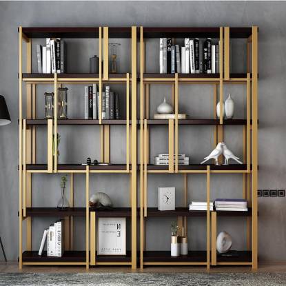 Picture of Modern Gold Stainless Steel Floor Bookshelf and Display Cabinet with Solid Wood Shelves